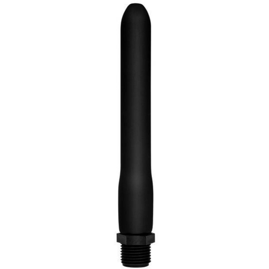 Black enema shower attachment on a white background