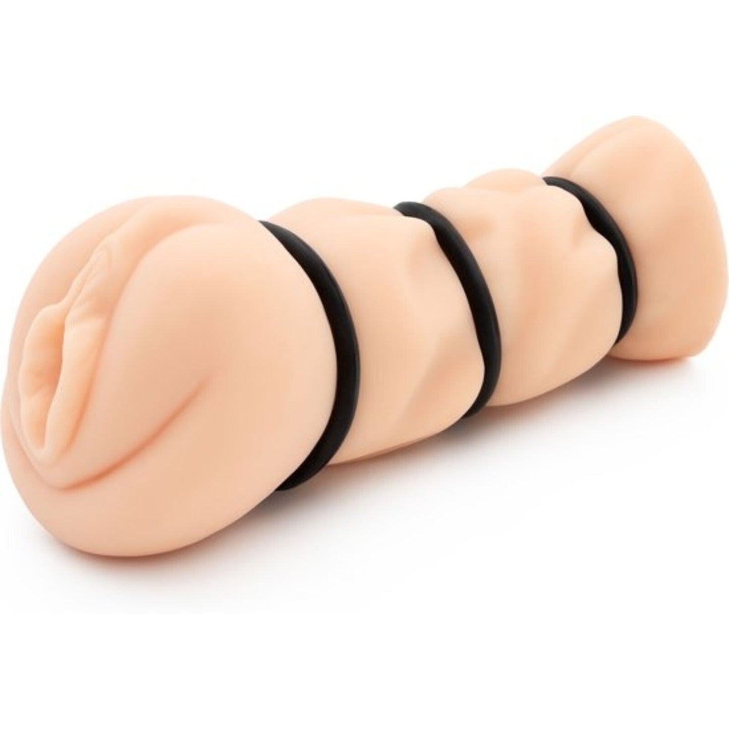 Silicone pussy sleeve with black bands on a white background