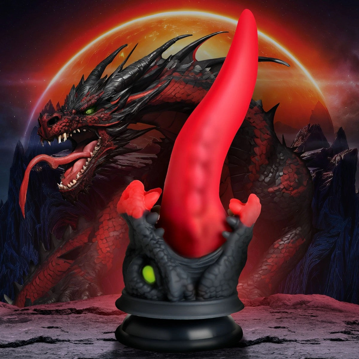 Decorative dildo resembling a dragon with red tongue on a dark background