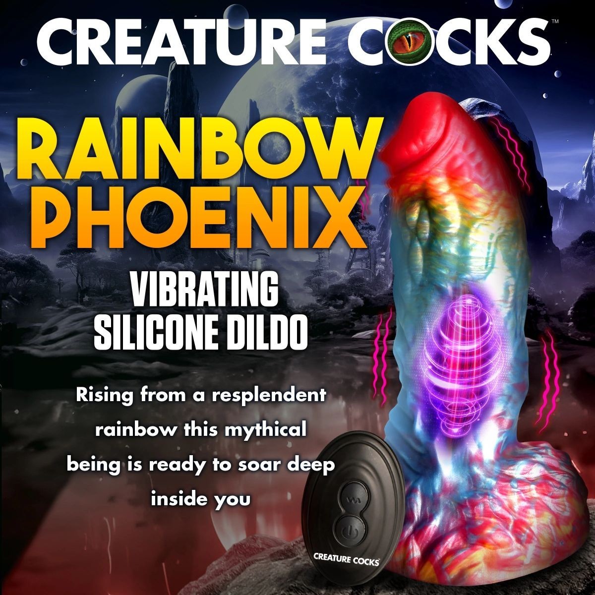 Advertisement for a rainbow-colored silicone dildo with text about 'Creature Cocks' brand.