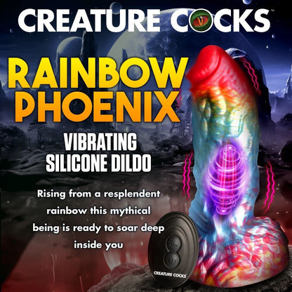 Advertisement for a rainbow-colored silicone dildo with text about 'Creature Cocks' brand.