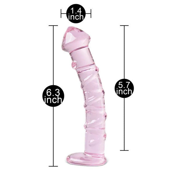Pink glass sex toy with measurements on a white background