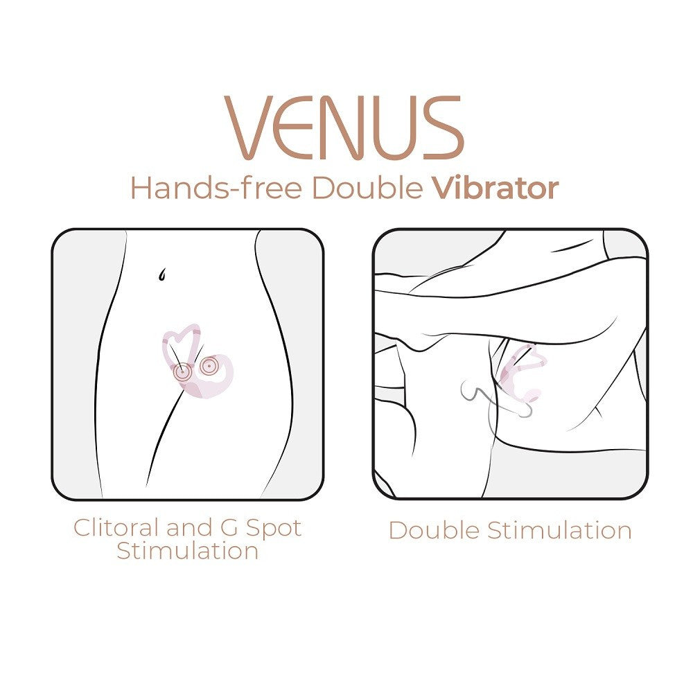 Advertisement for Venus hands-free double vibrator showing clitoral and G spot stimulation.