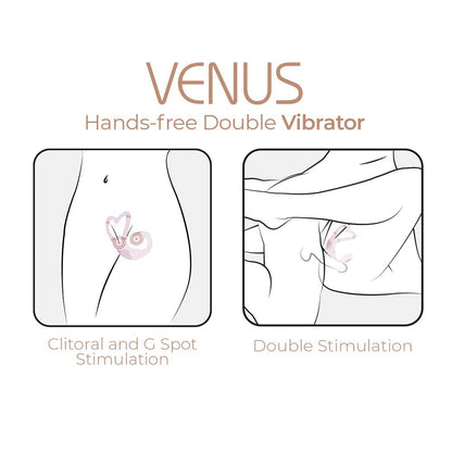 Advertisement for Venus hands-free double vibrator showing clitoral and G spot stimulation.