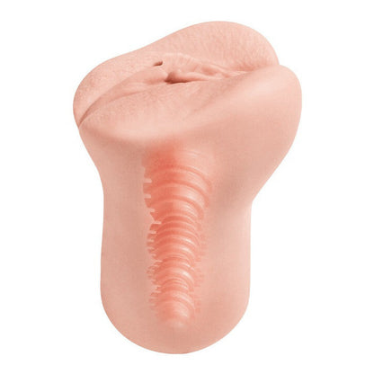 Realistic silicone model of a human vagina on a white background