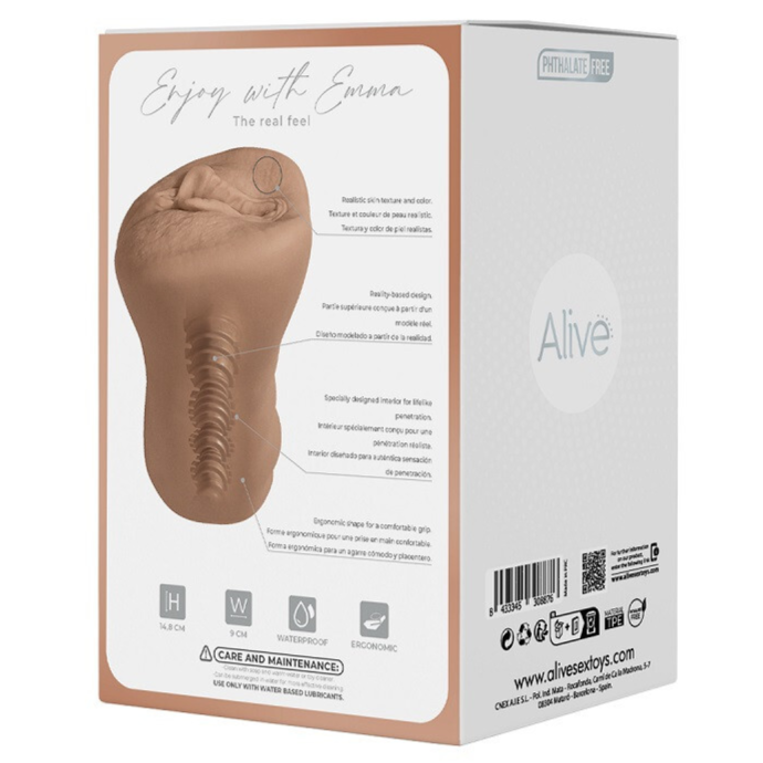 Product packaging with a detailed view of a sex toy, featuring branding and product information.