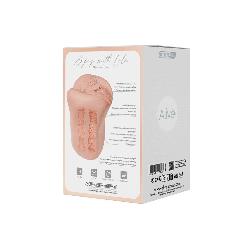 Product packaging with a masturbator and text on a white background