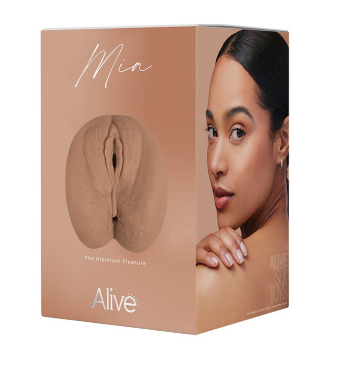 Product packaging for 'Mia' with a woman's face and masturbator image on a beige background