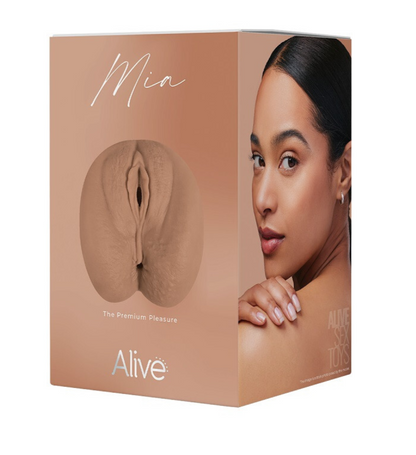 Product packaging for 'Mia' with a woman's face and masturbator image on a beige background
