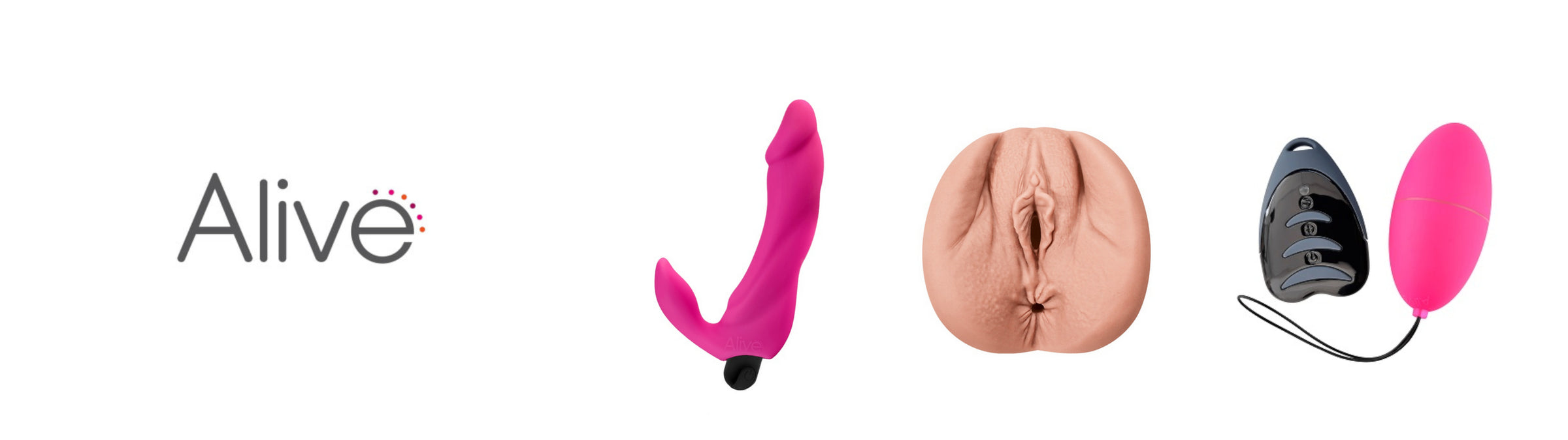 Product line with 'Alive' branding featuring pink vibrator, beige masturbator, and love egg on a white background.