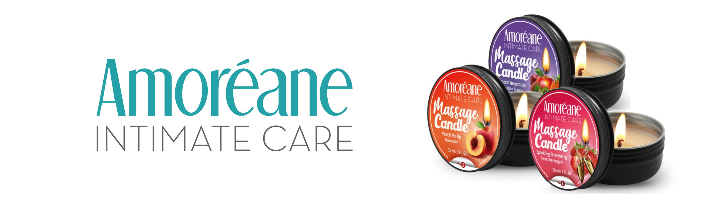 Amoréane intimate care products with scented massage oil candles on a white background
