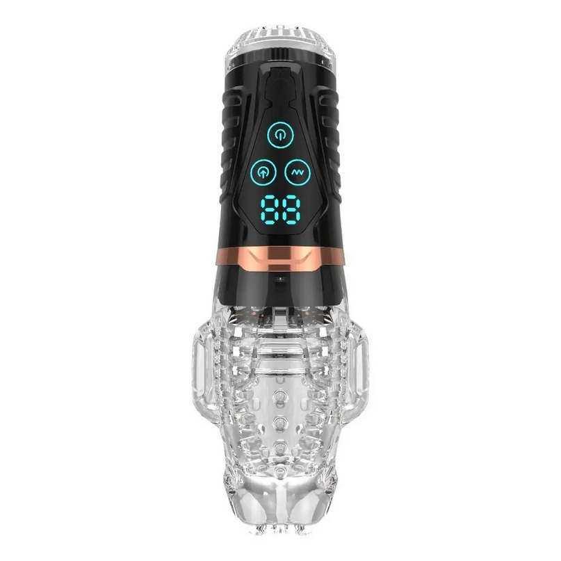Black and clear handheld massage device with digital display on a white background