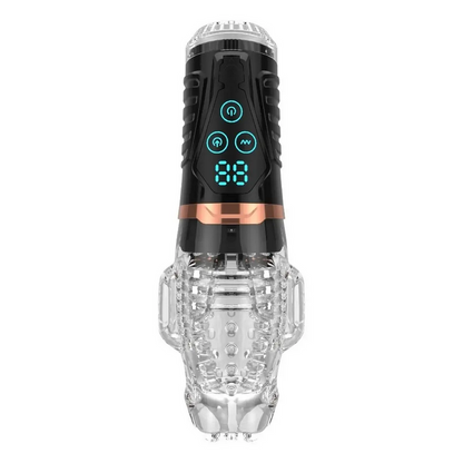 Black and clear handheld massage device with digital display on a white background