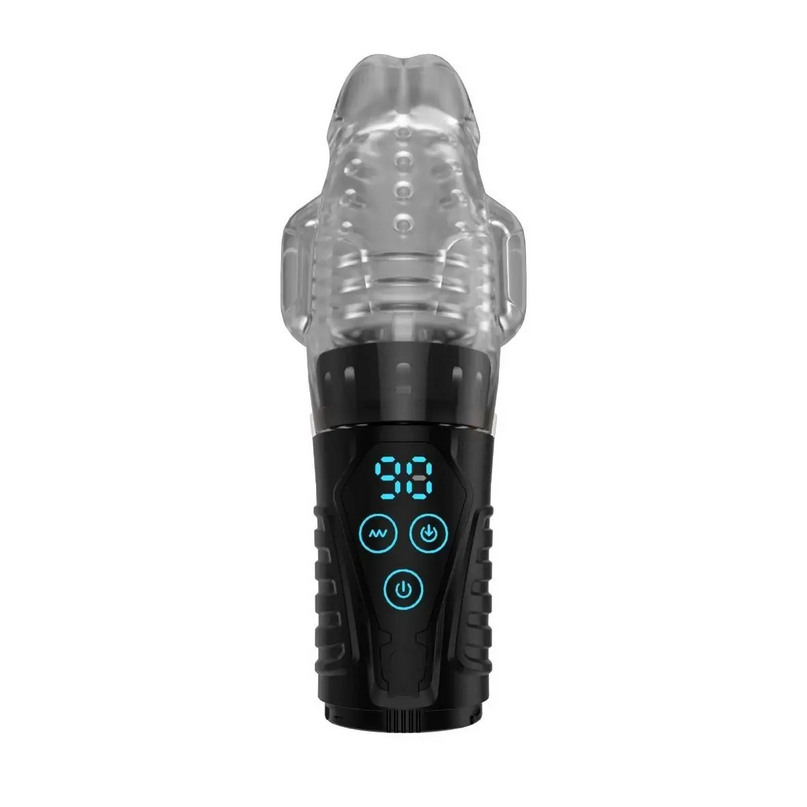 Black and clear electronic auto stroker with digital display on a white background