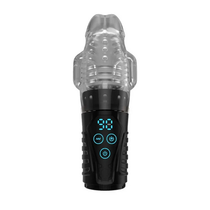 Black and clear electronic auto stroker with digital display on a white background