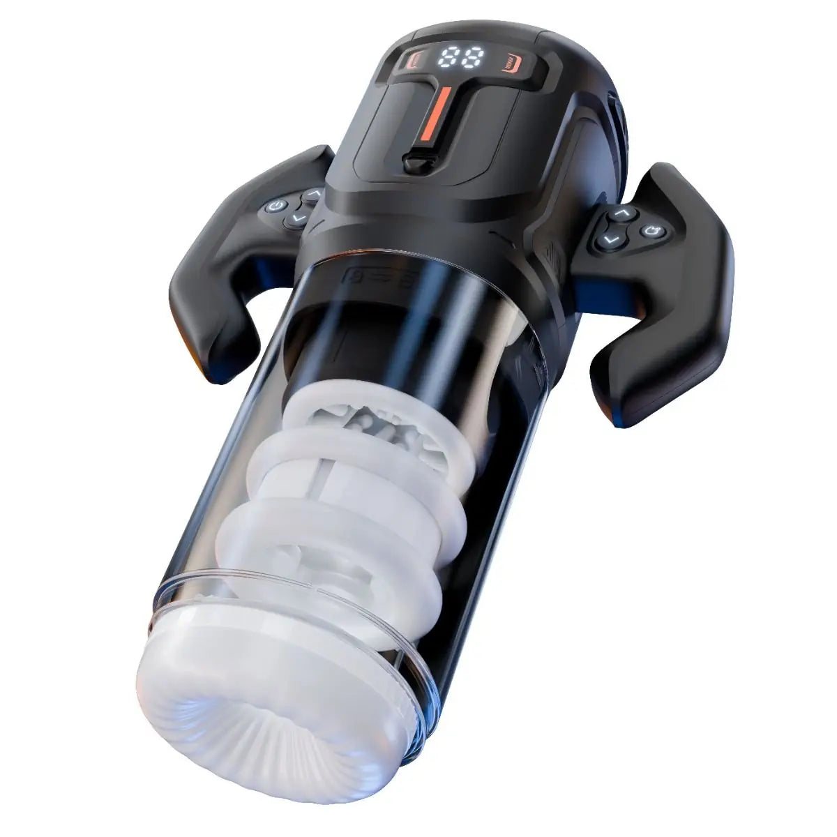 Black handheld auto stroker with digital display on a white background