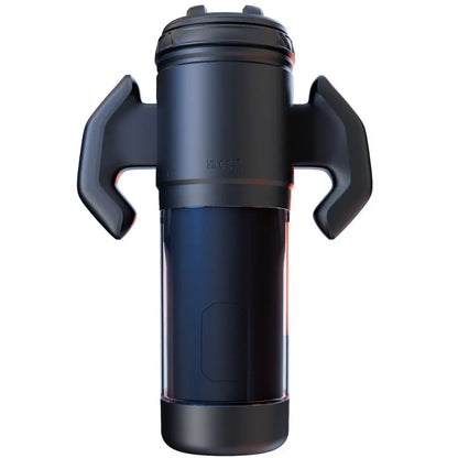 Black auto stroker masturbator with handles on a white background