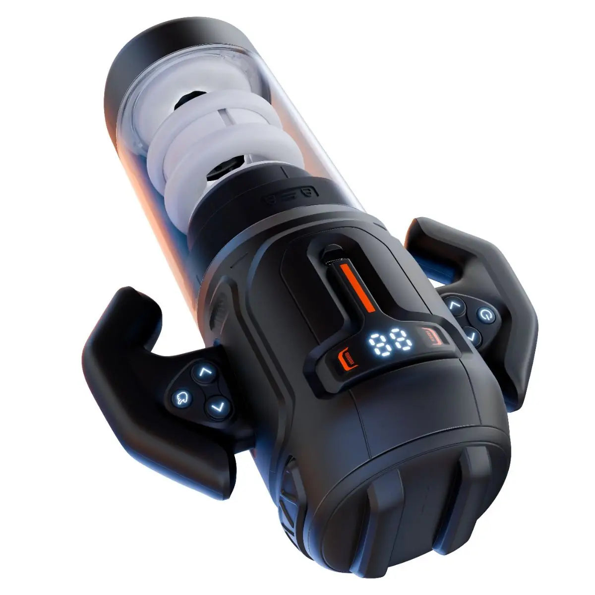 Black gaming controller style masturbator with digital display on a white background