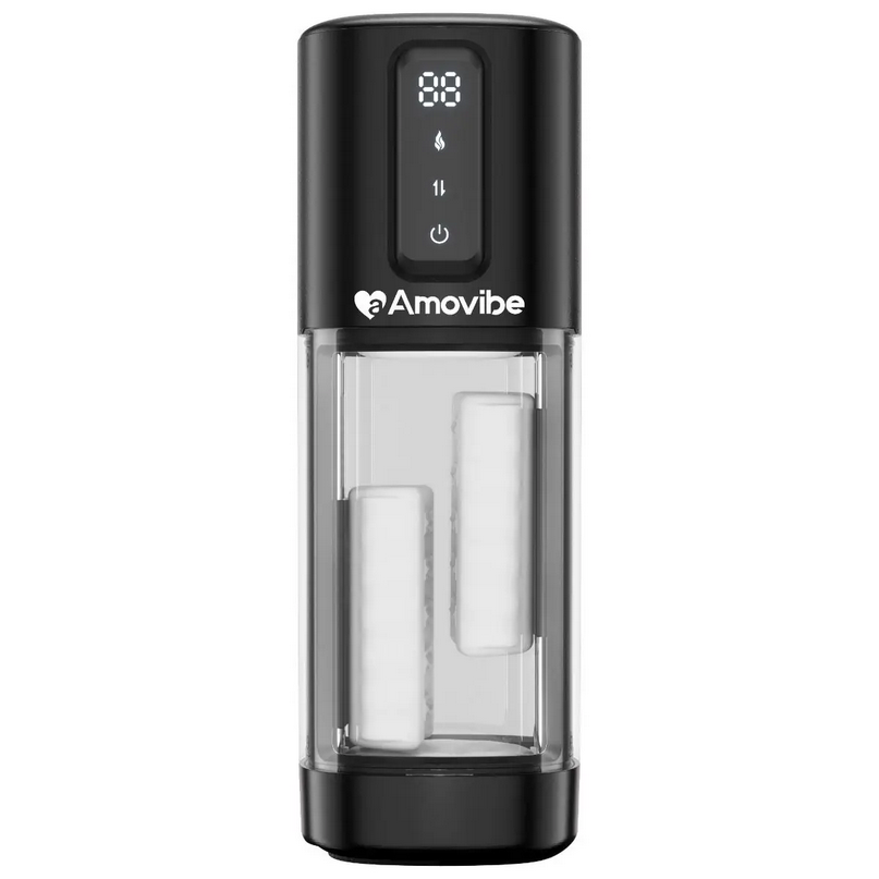 Black and clear male masturbator with 'Amovibe' branding on a white background