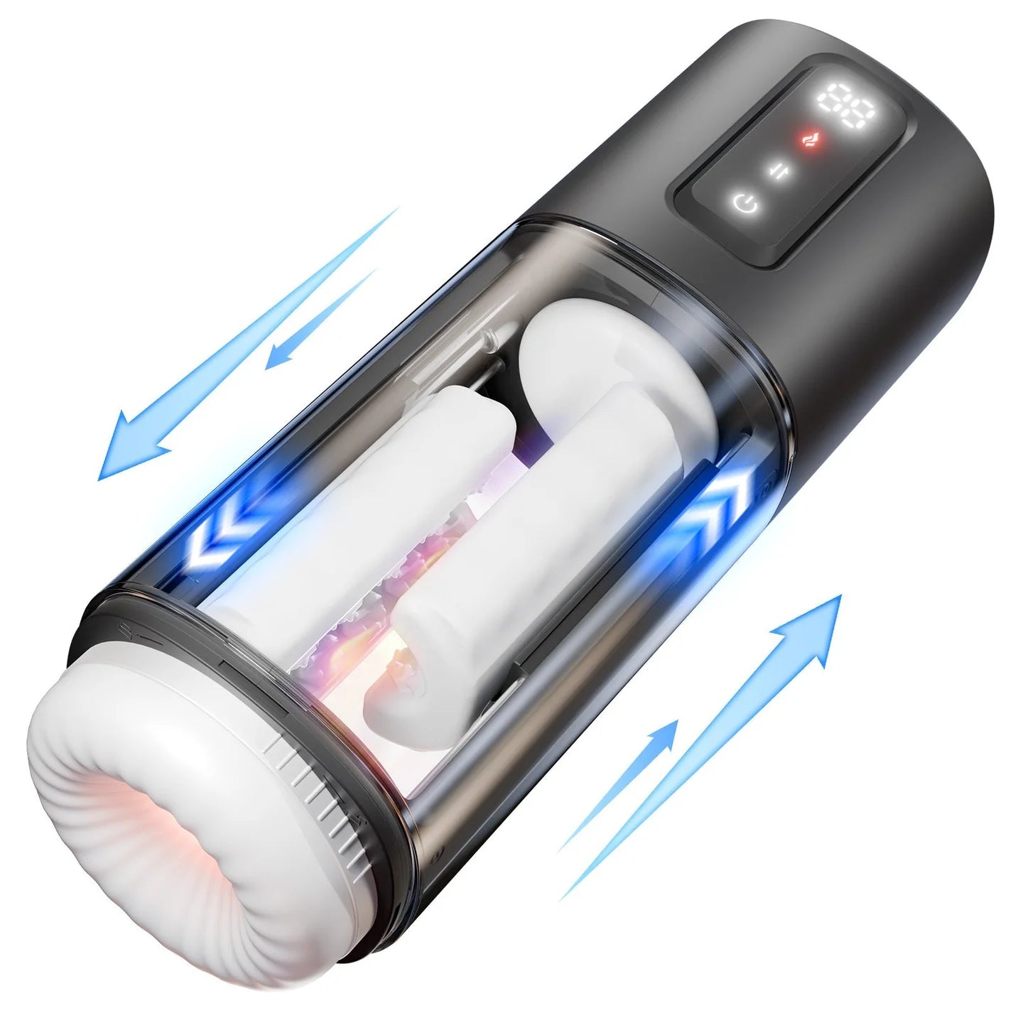 Black electronic massage device with white silicone sleeve inside, displaying LED lights on a white background