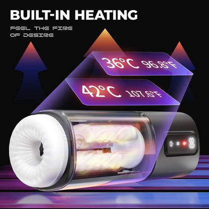 Heating device with digital display showing temperature, against a dark background with text about built-in heating.