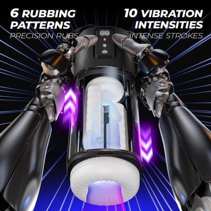 Robotic arm with control panel on a dark background, highlighting features like 6 rubbing patterns and 10 vibration intensities.
