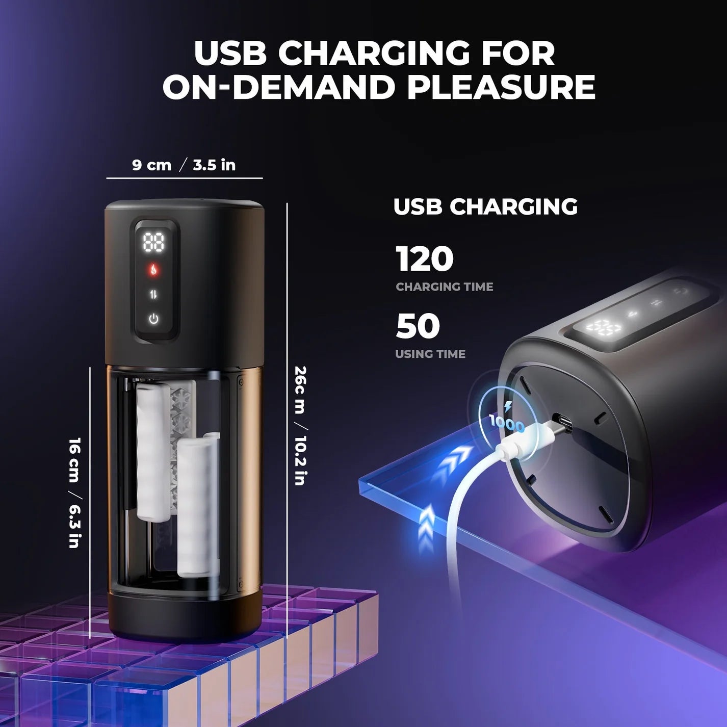 USB charging device with dimensions and charging information on a dark background