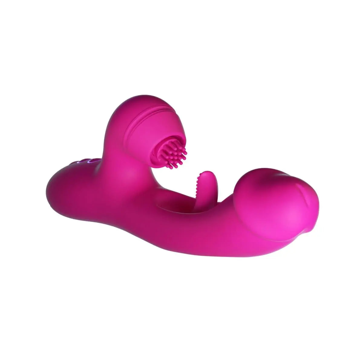 Pink silicone sex toy with textured surface on a white background