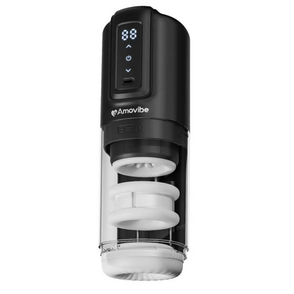 Black electronic masturbator with digital display and visible brand logo on a white background