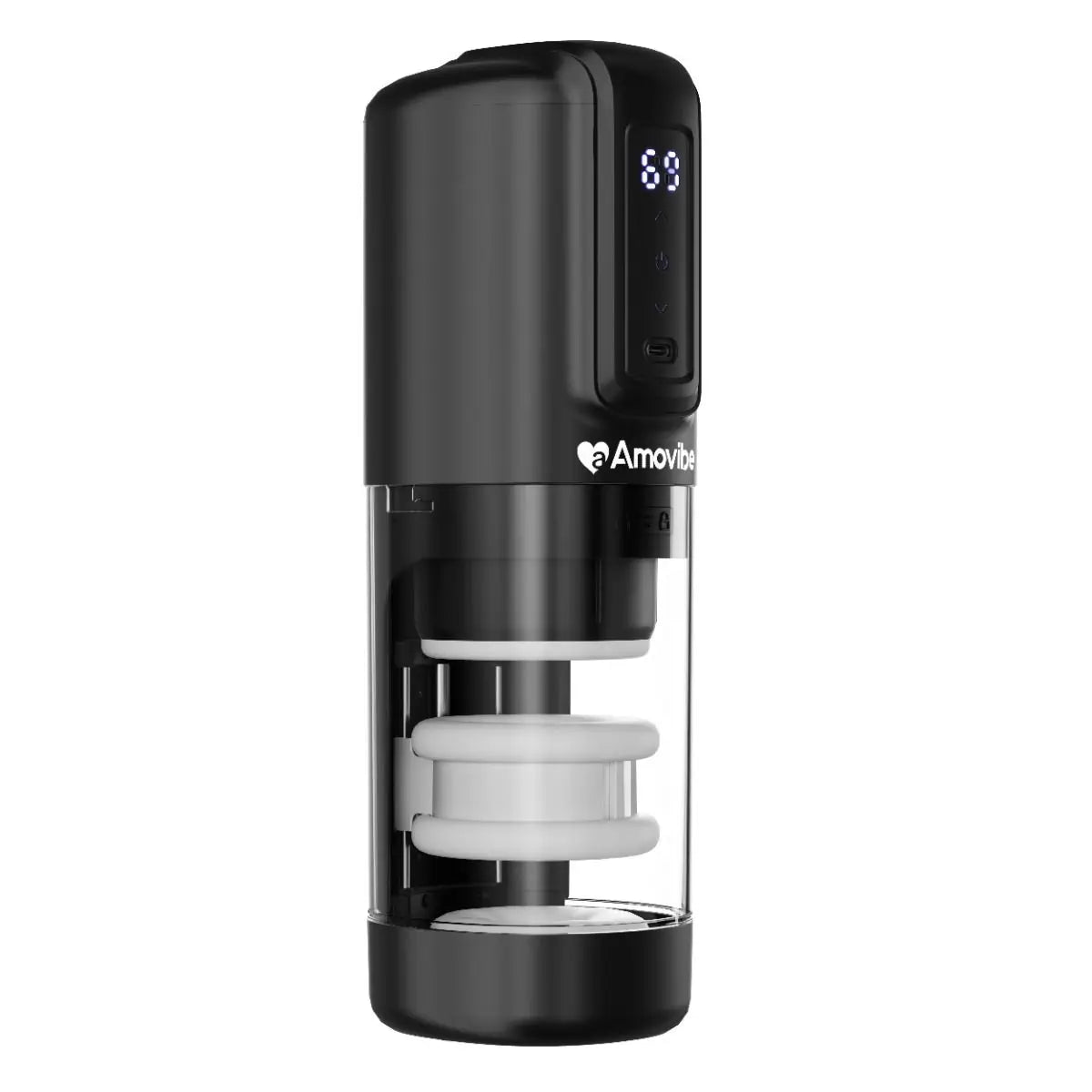 Black electronic auto stroker male masturbator with digital display on a white background