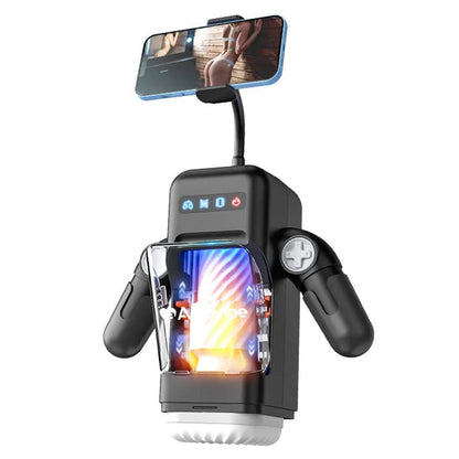 Masturbator auto stroker with Phone holder with screen and camera view on a white background