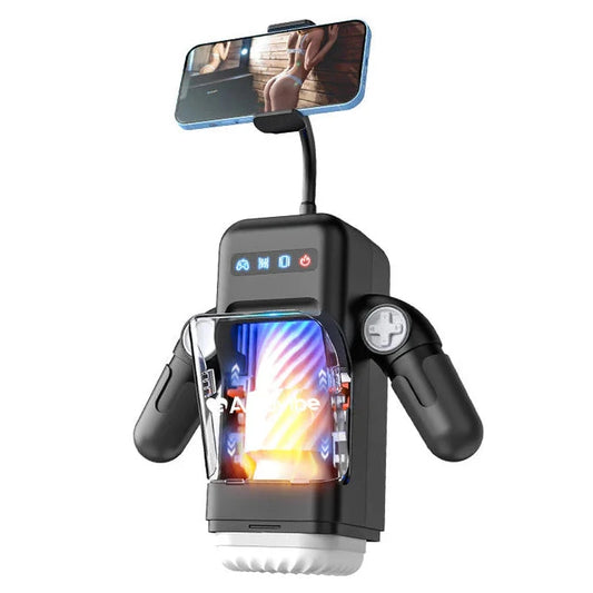 Masturbator auto stroker with Phone holder with screen and camera view on a white background