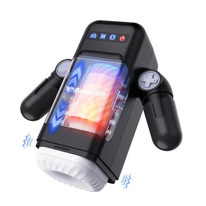 Black handheld auto stroker masturbator with digital display and colorful light effects on a white background