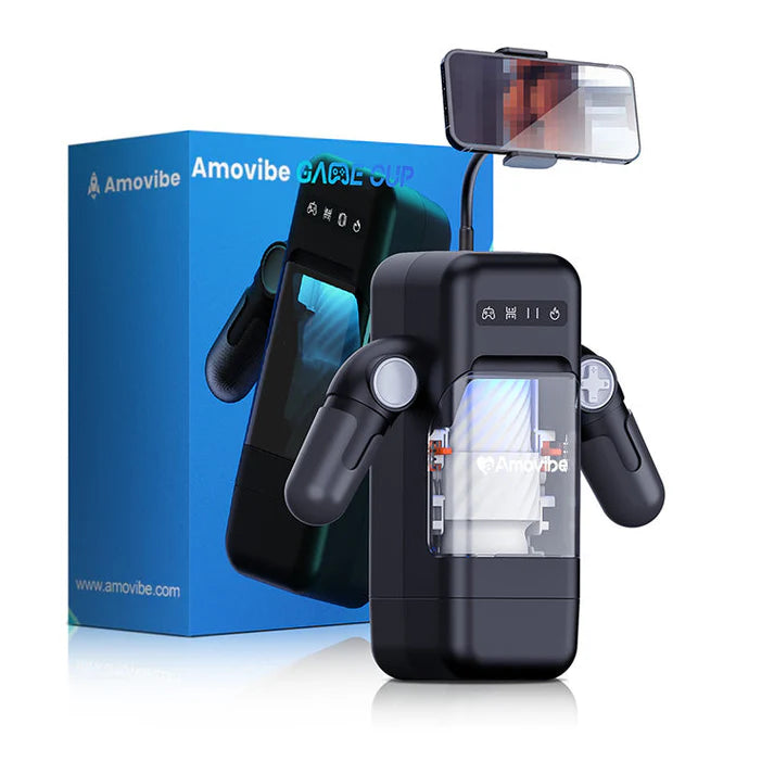 Black handheld device with smartphone holder and Amovibe branding, next to a blue box packaging.