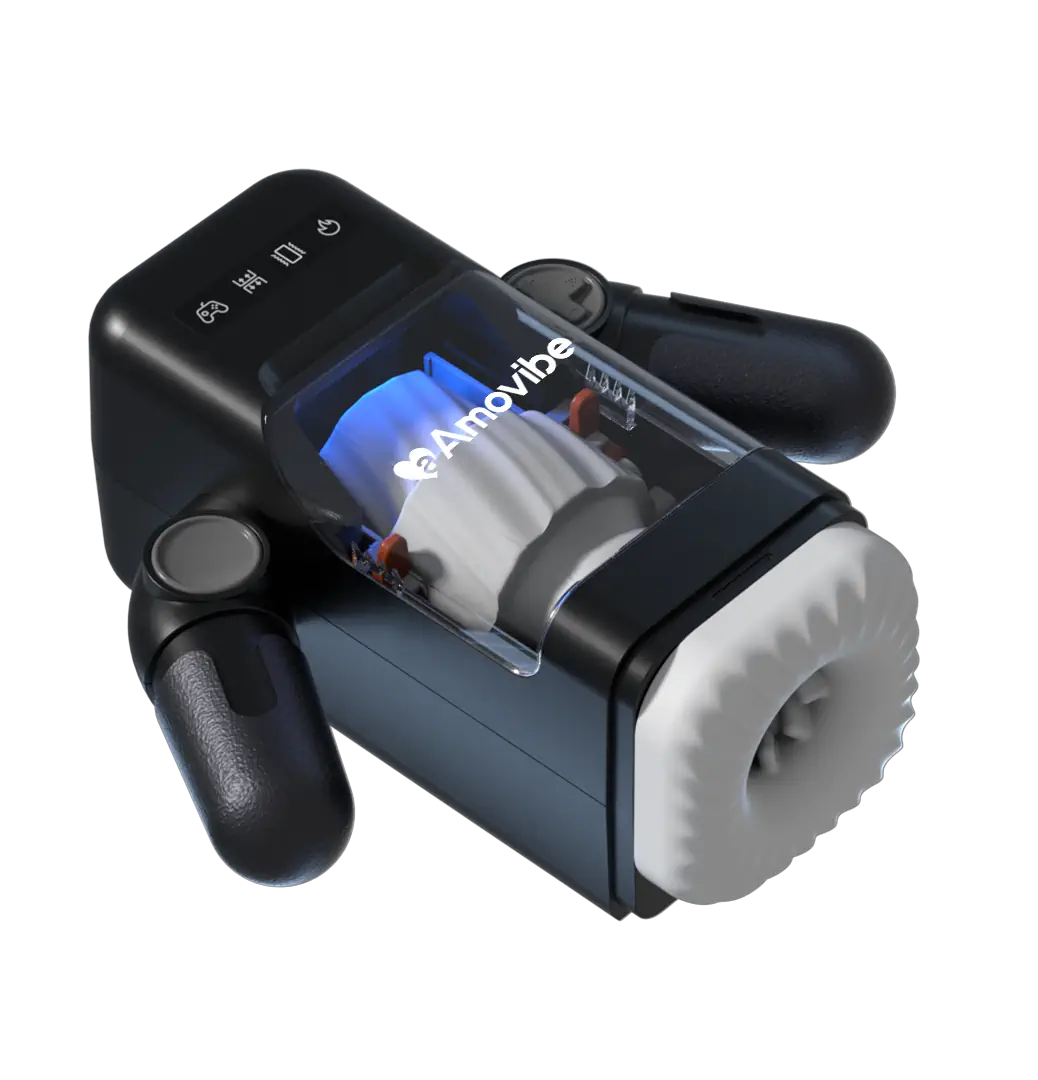 Black and gray device with 'AmoVibe' branding on a white background