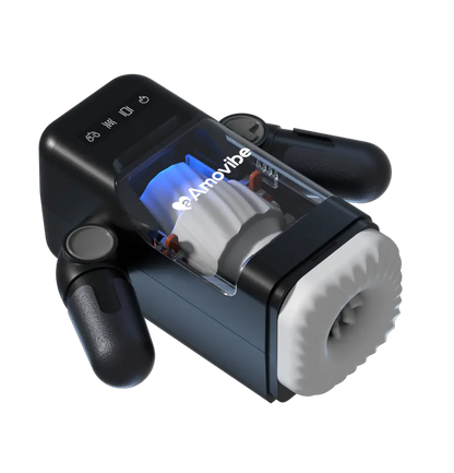Black and gray device with 'AmoVibe' branding on a white background