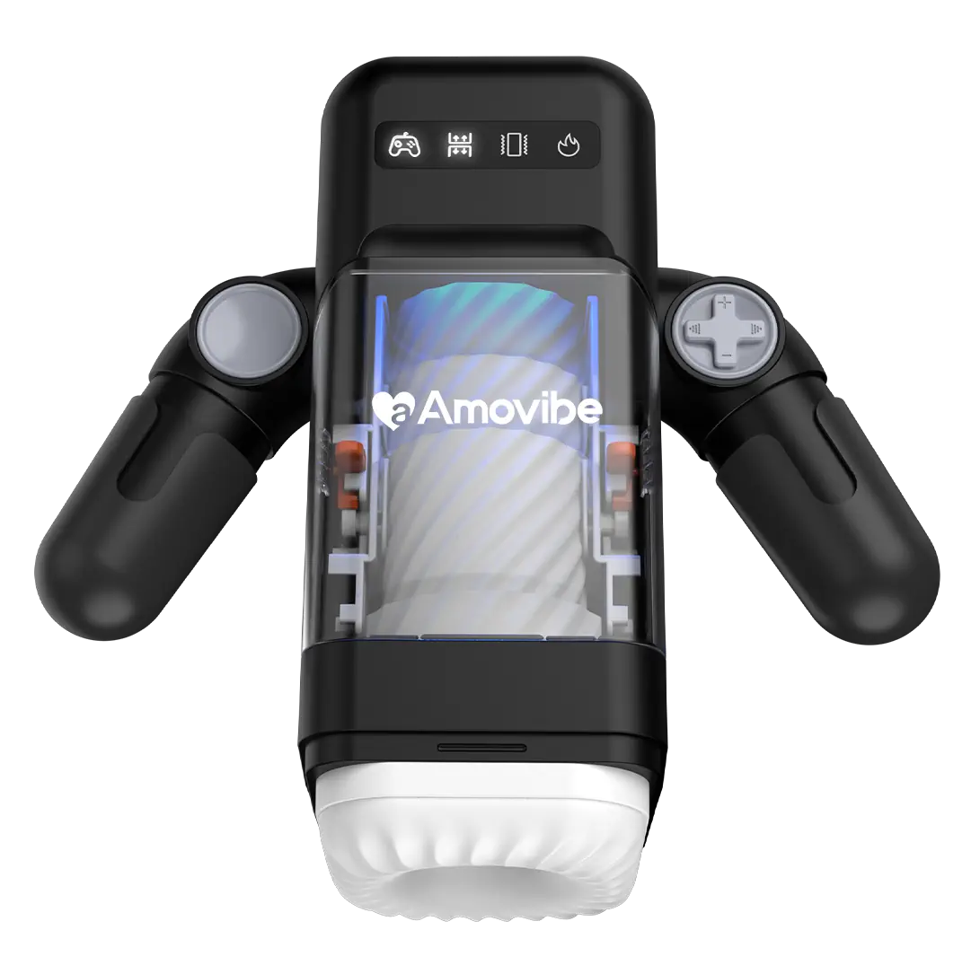 Black handheld massage device with a screen displaying 'Amovibe' on a white background