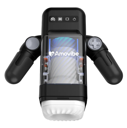 Black handheld massage device with a screen displaying 'Amovibe' on a white background