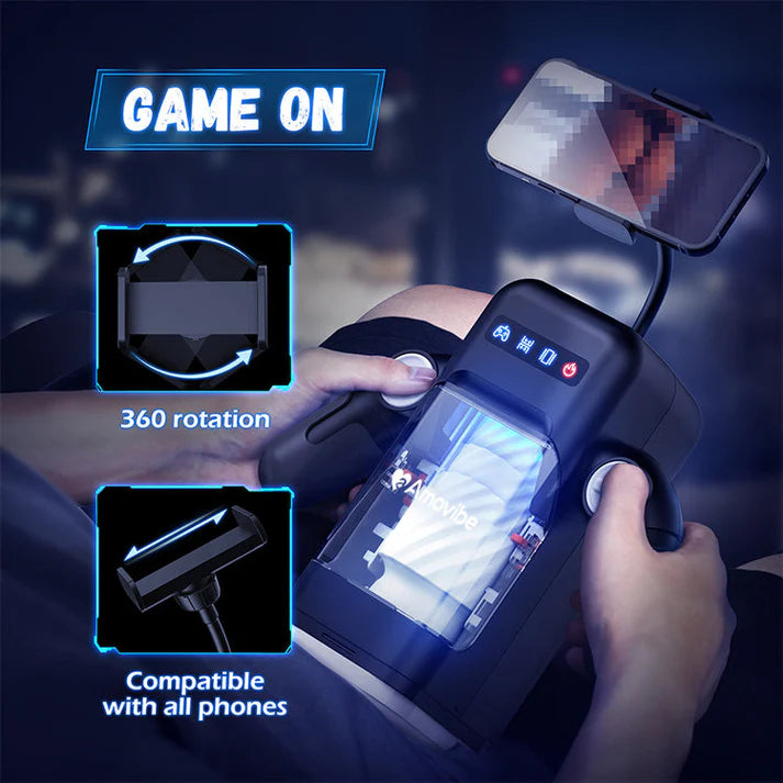 Handheld device with screen and stand, labeled 'Game On' and '360 rotation', used for gaming.