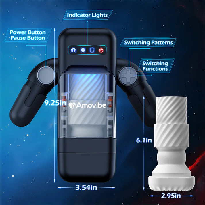 Gaming controller with Amovibe branding, showing dimensions and features on a blue background.