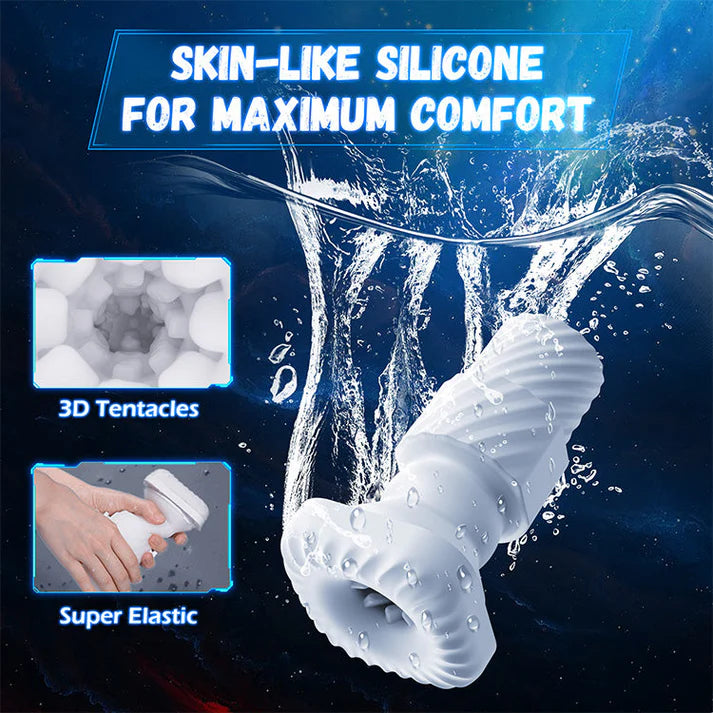 White silicone product with water splashes on a dark blue background, highlighting 'skin-like silicone' feature.