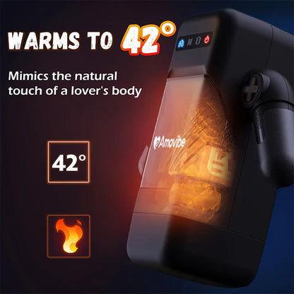 Product with glowing interior and text indicating temperature and features, on a dark background.