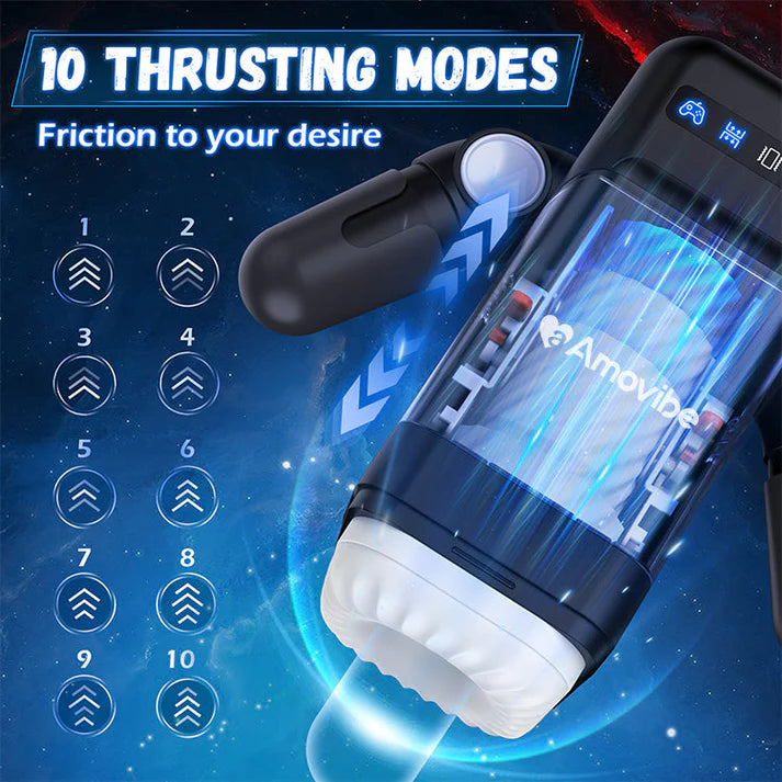 Sexual product with 'Amovibe' branding and 10 thrusting mode indicators on a blue background.