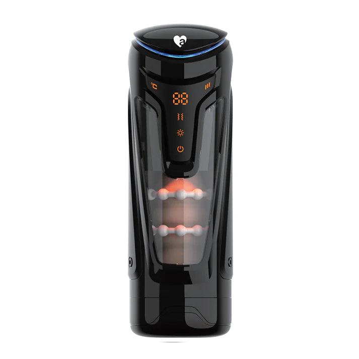 Black electronic auto stroker masturbator with digital display on a white background