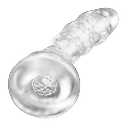 Clear silicone masturbator sleeve on a white background