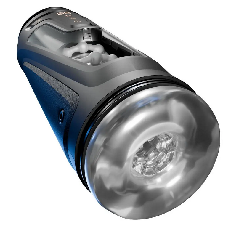 Handheld electronic massage device with a metallic finish on a white background