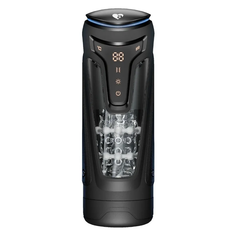 Black electronic massage device with digital display and ice cubes on a white background