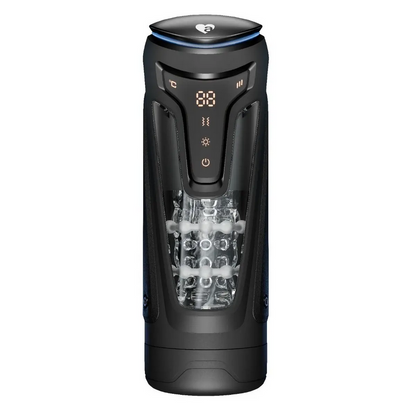 Black electronic massage device with digital display and ice cubes on a white background