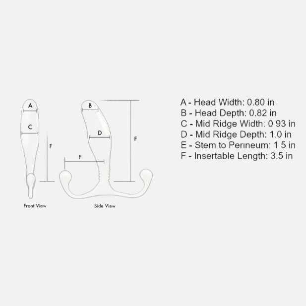 Technical drawing of a prostate massager with measurements on a grid background
