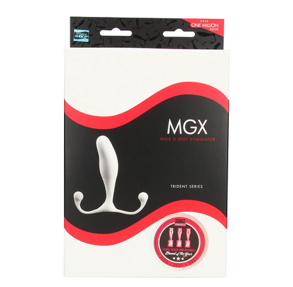 Packaging of MGX Trident Series male G-Spot stimulator with red and black design.
